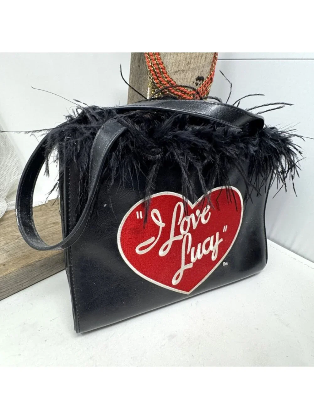 I Love Lucy Purse Black Feather Trim Faux Leather Bucket Purse